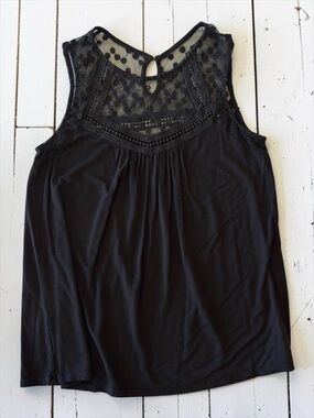 Loveappella Black Lace Yoke Tank Top Boho Sleeveless Blouse Camisole XS